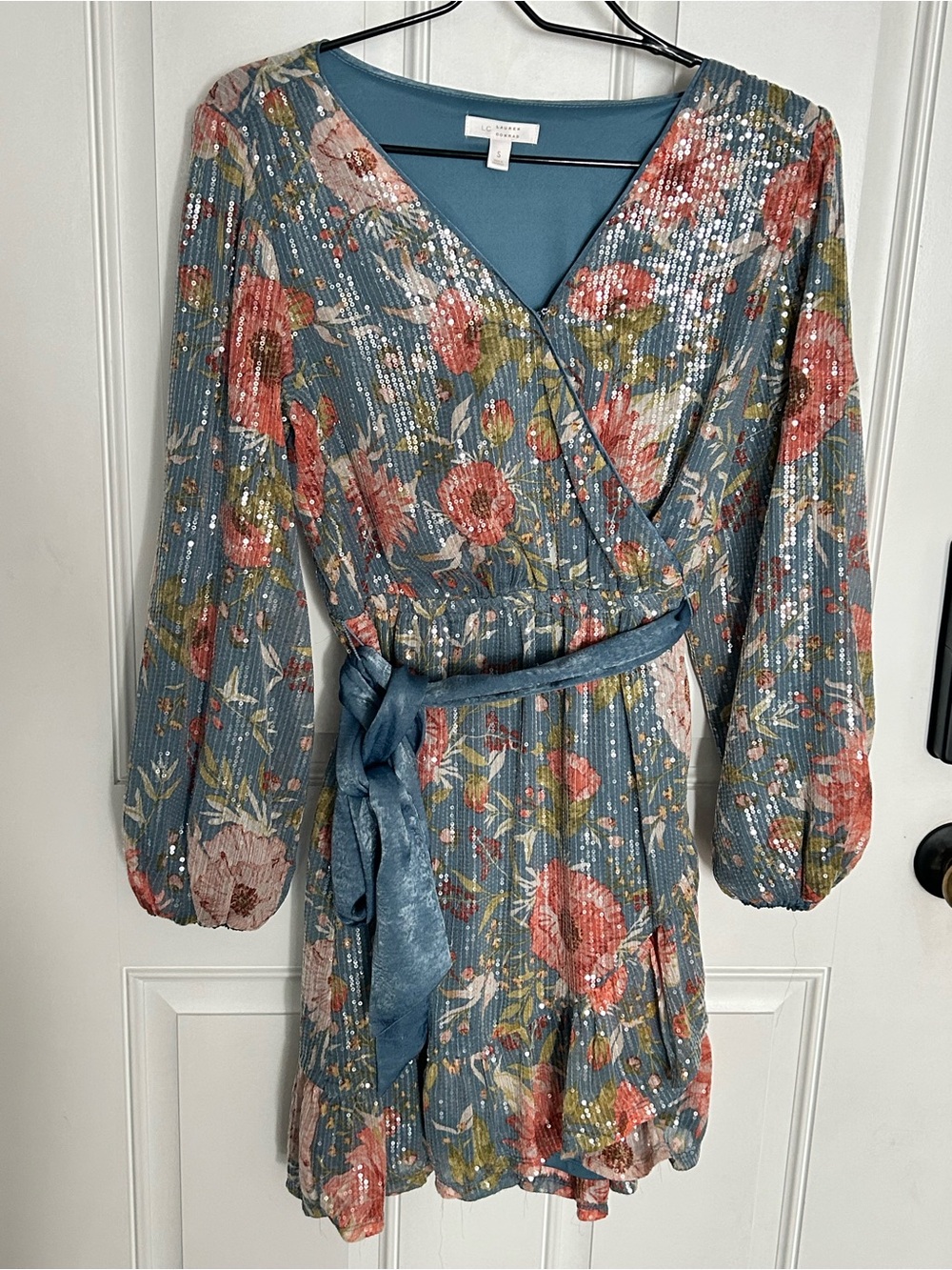 LC Lauren Conrad Blue Floral Sequin Wrap Mini Dress
